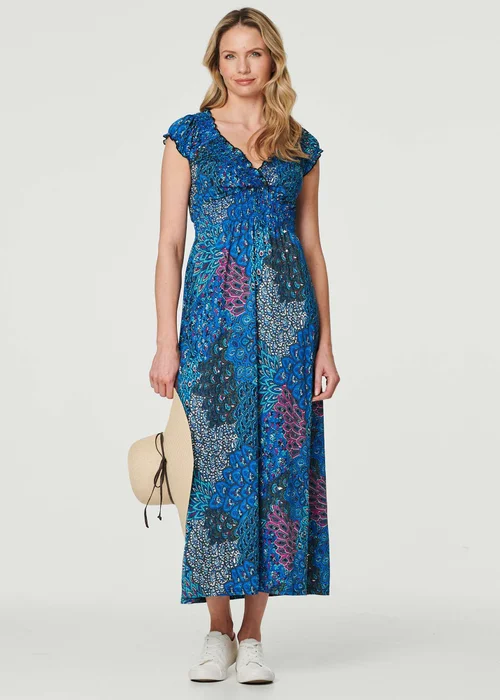 Izabel London Blue Peacock Print V-Neck Maxi Dress - 8 Image 1