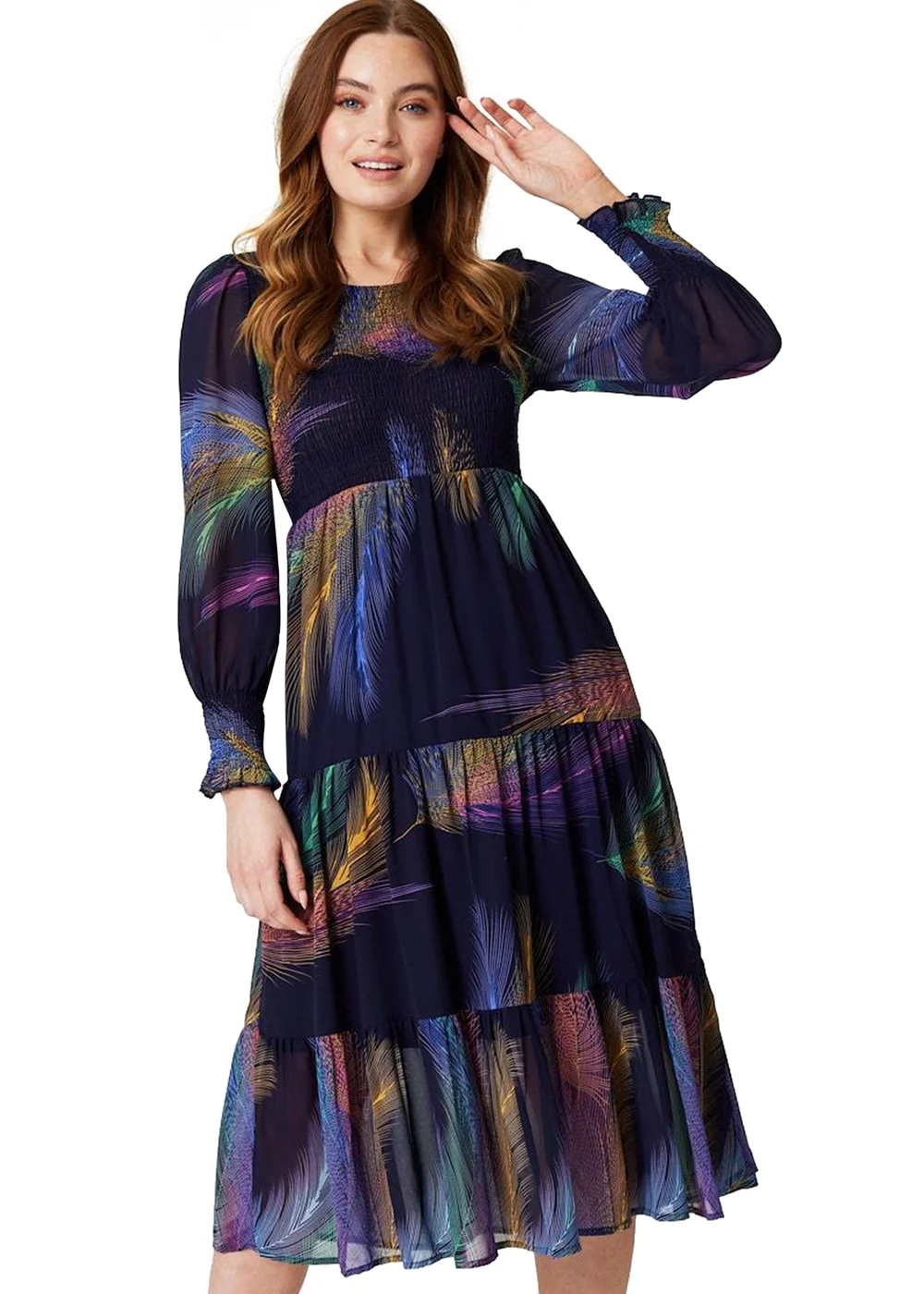 Izabel London Blue Feather Print Midi Smock Dress - 12 Image 1