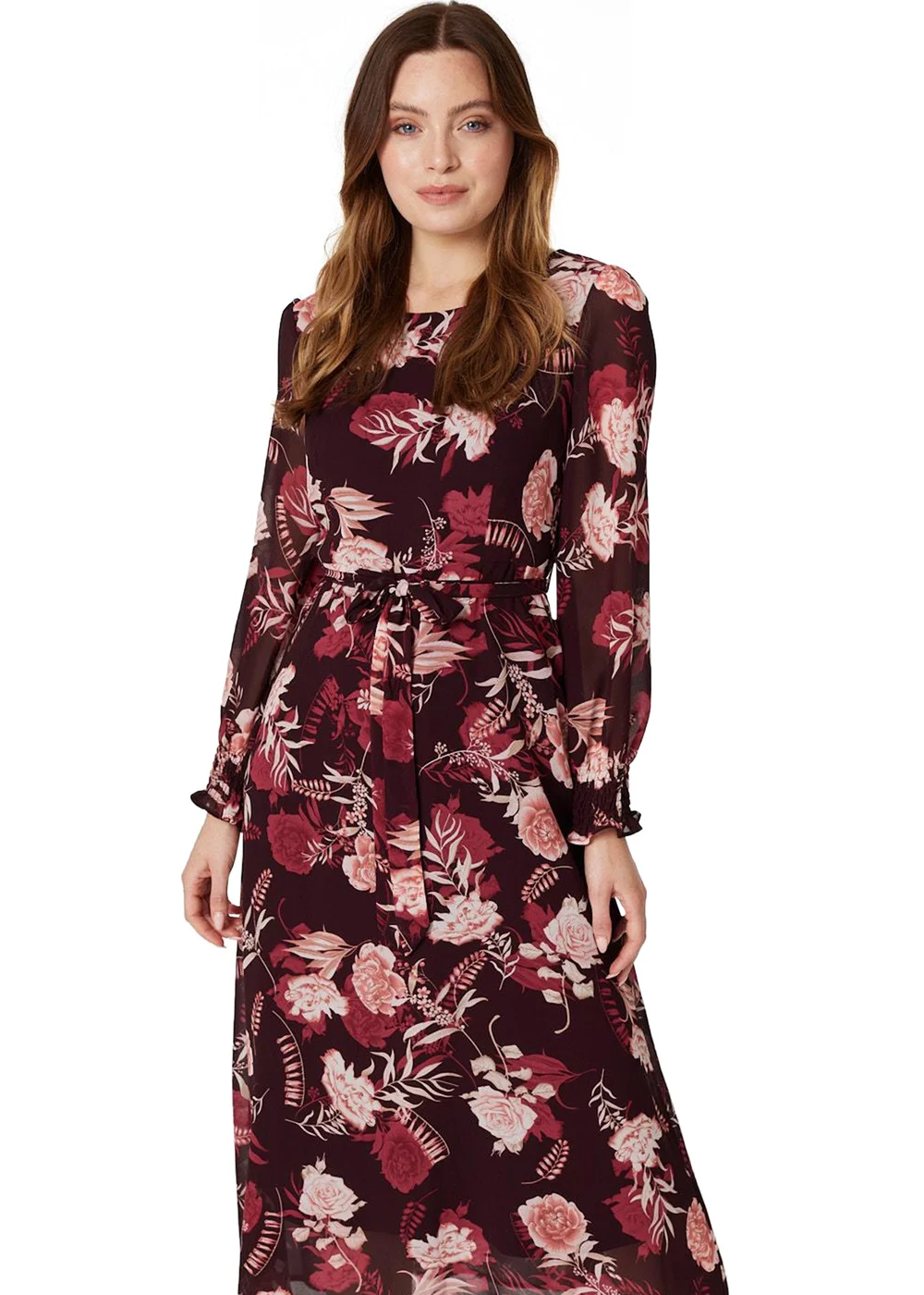 Izabel London Burgundy Floral Long Sleeve A-Line Dress - 14 Izabel London Burgundy Floral Long Sleeve A-Line Dress - 14