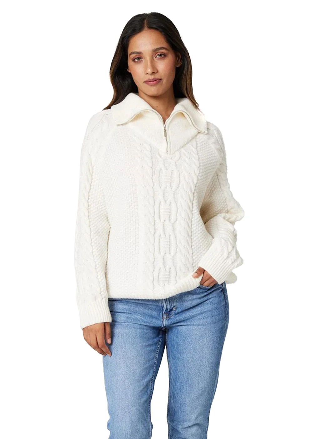 Izabel London White Cable Knit Zip Neck Jumper - 8 Image 1