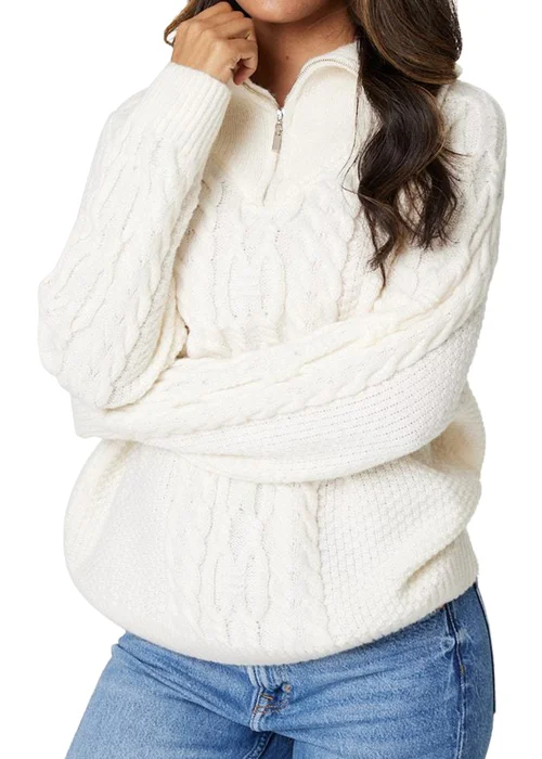 Izabel London White Cable Knit Zip Neck Jumper - 8 Image 3