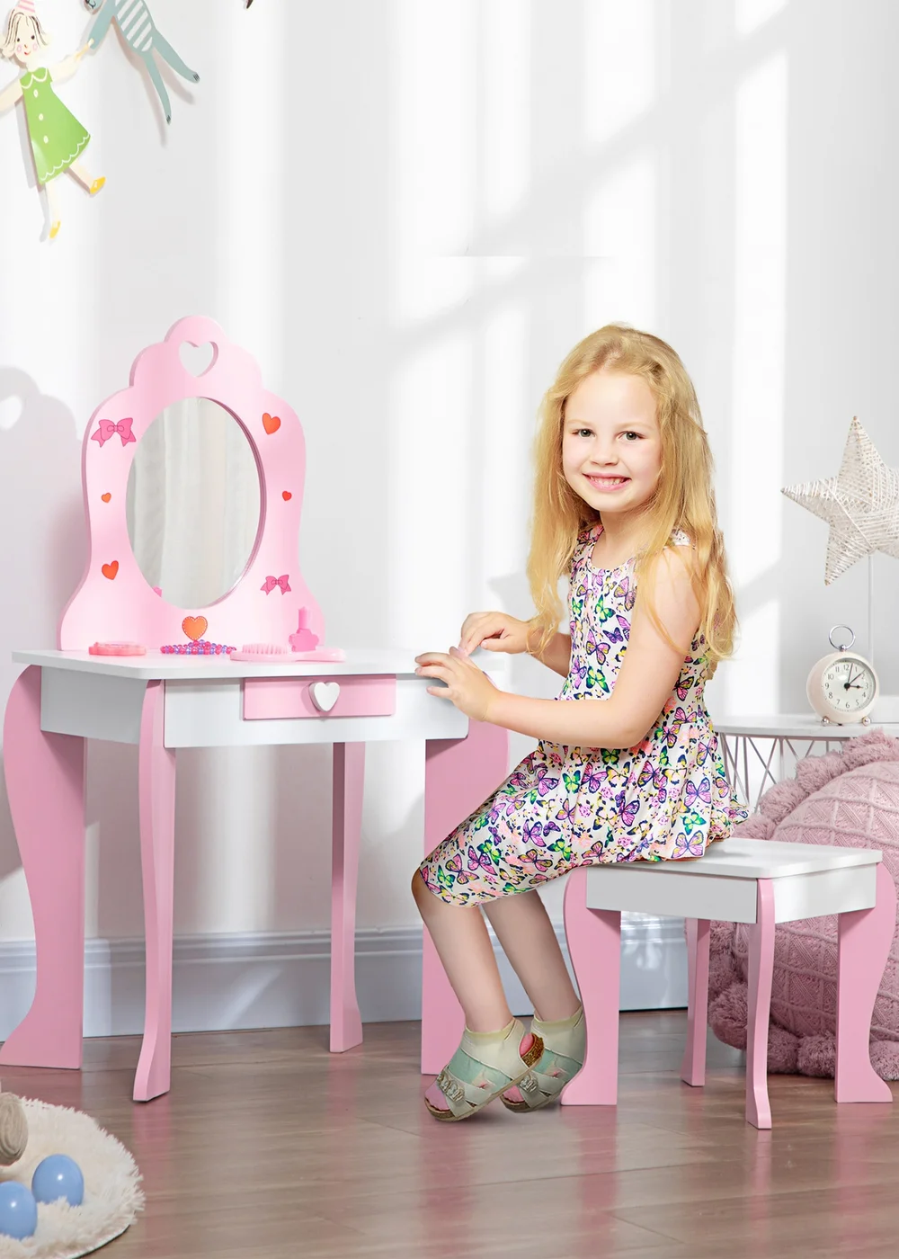 HOMCOM Kids Vanity Table Set Make Up Desk with Mirror - One Size Image 2