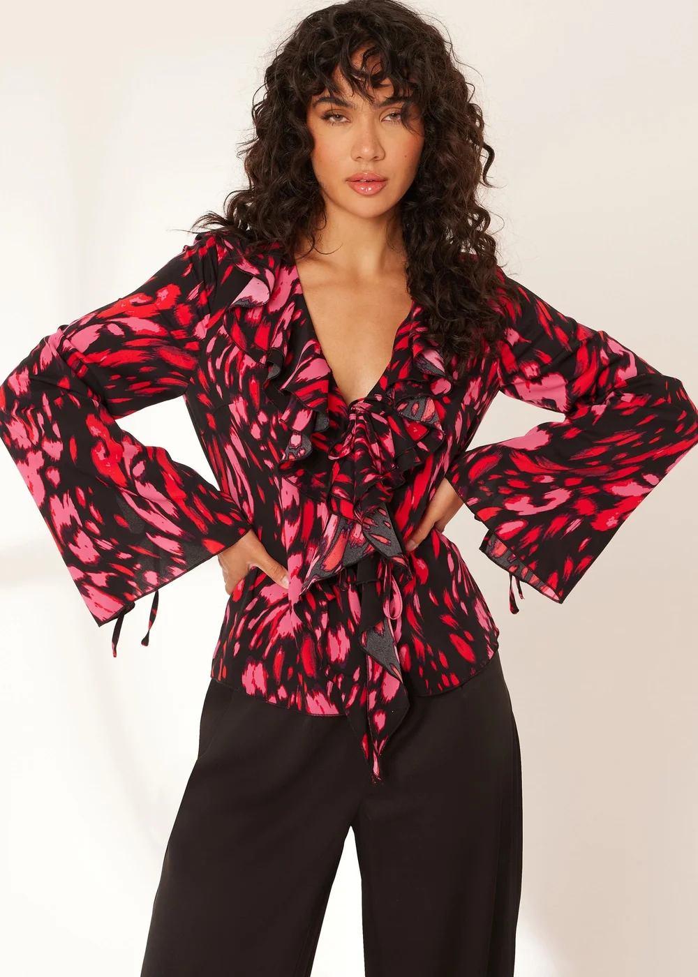 Quiz Black Animal Print Tie Blouse - 6 Image 1