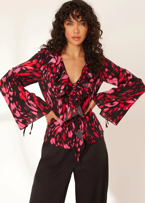 Quiz Black Animal Print Tie Blouse - 6 Image 1