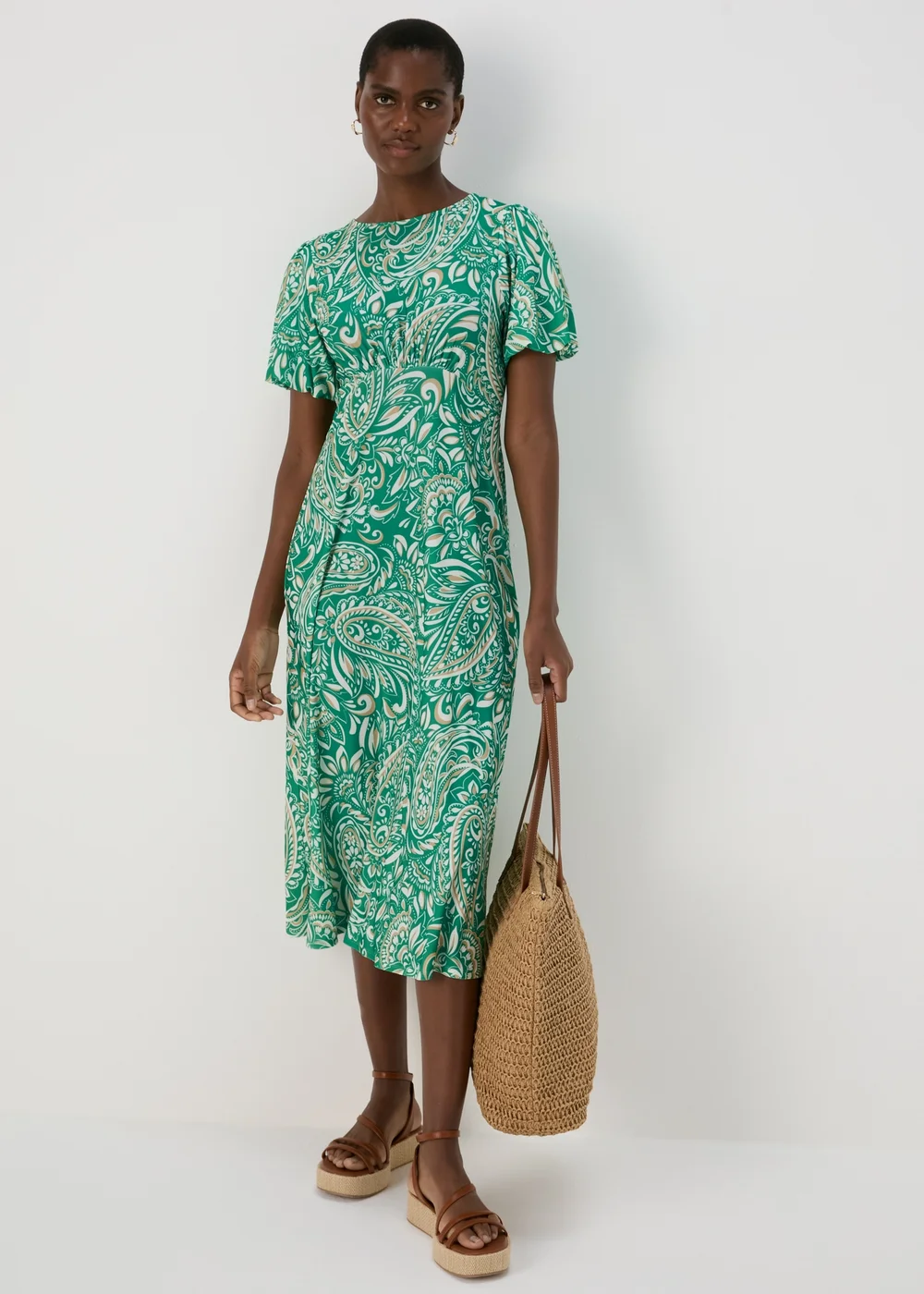 Et Vous Green & White Paisley Puff Sleeves Midi Dress - 8 Image 4