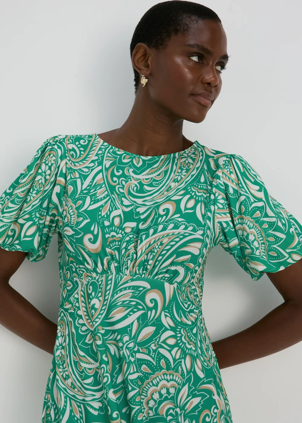Et Vous Green & White Paisley Puff Sleeves Midi Dress - 8 Image 3