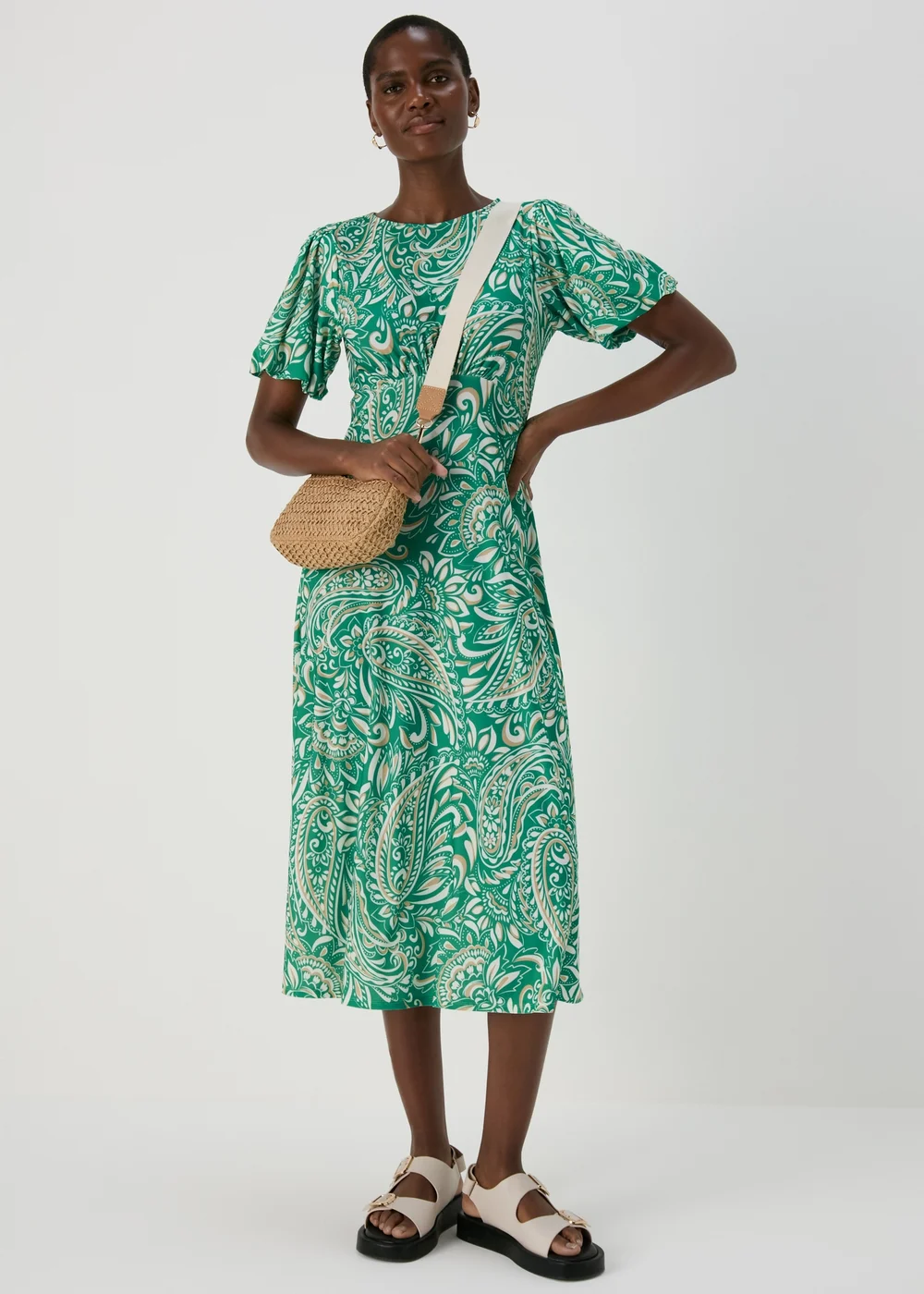 Et Vous Green & White Paisley Puff Sleeves Midi Dress - 8 Image 1