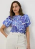 Et Vous Blue & White Puff Sleeve Leaf Print Top - Size 8 Image 1