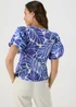 Et Vous Blue & White Puff Sleeve Leaf Print Top - Size 8 Image 2