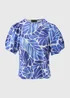 Et Vous Blue & White Puff Sleeve Leaf Print Top - Size 8 Image 5