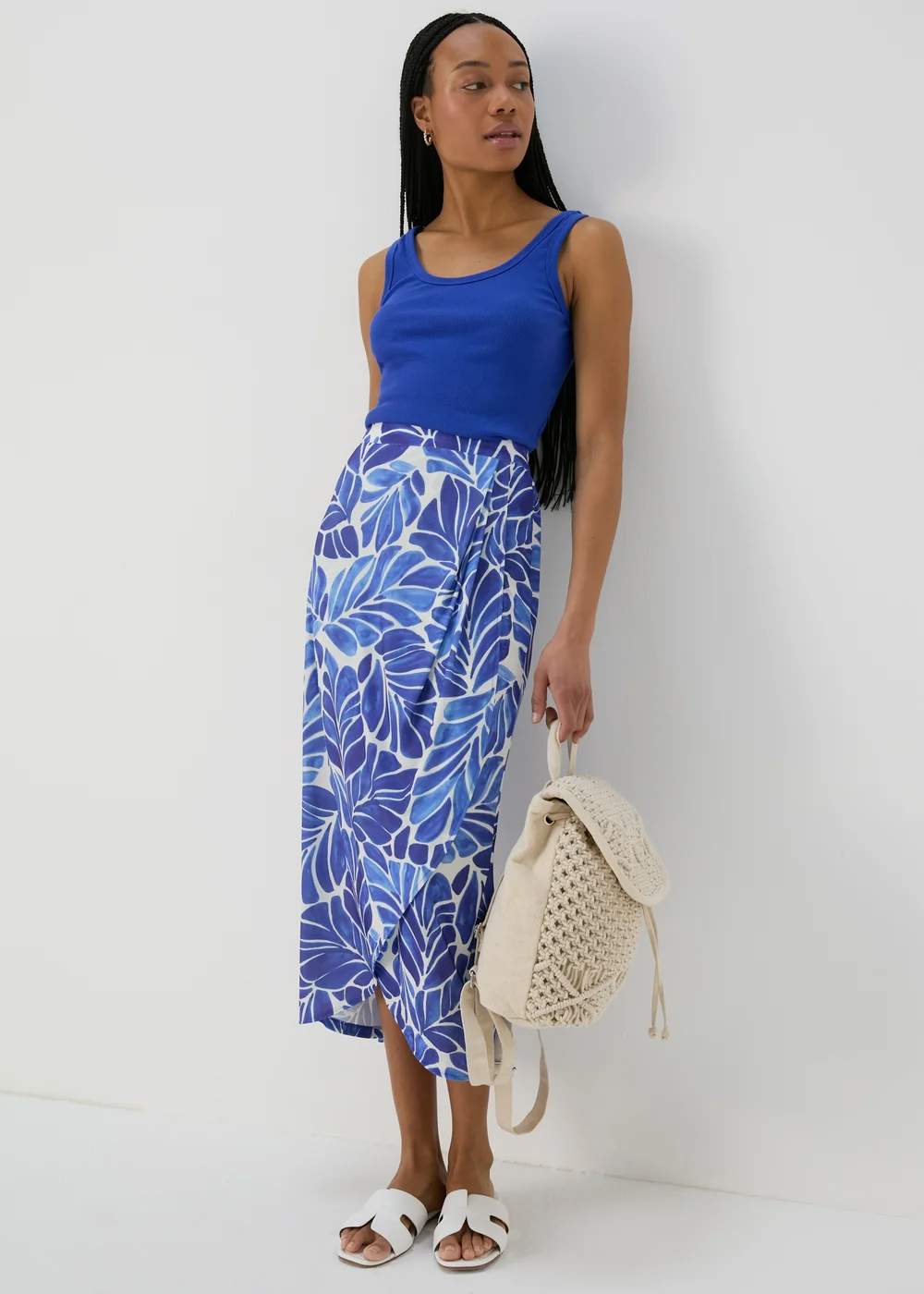 Et Vous Blue & & White Leaf Print Midi Skirt - Size 8 Image 4