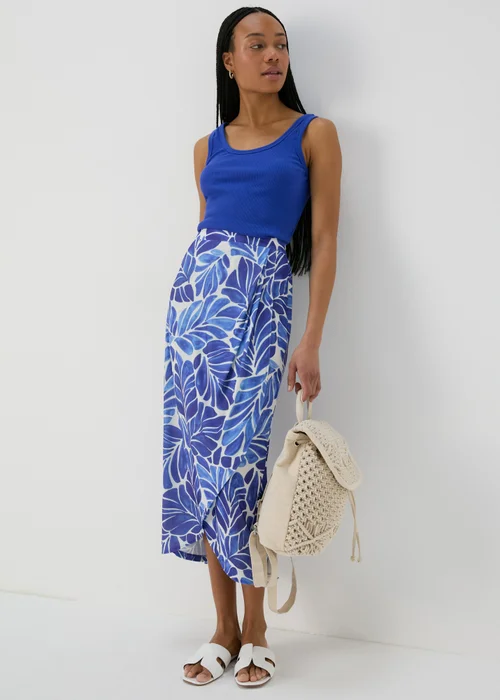 Et Vous Blue & & White Leaf Print Midi Skirt - Size 8 Image 4