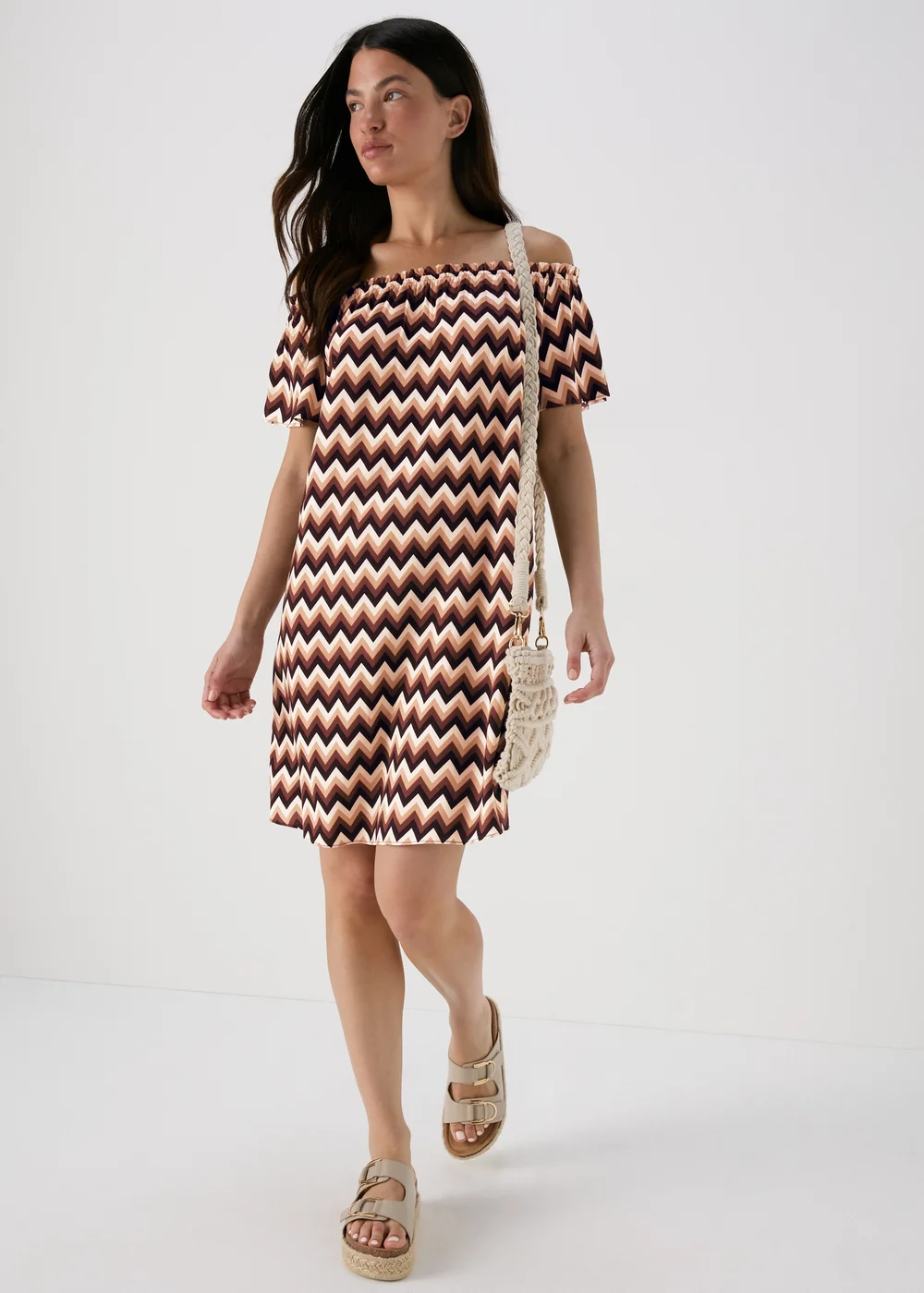Multicolour Mono Chevron Viscose Bardot Dress - 8 Image 4