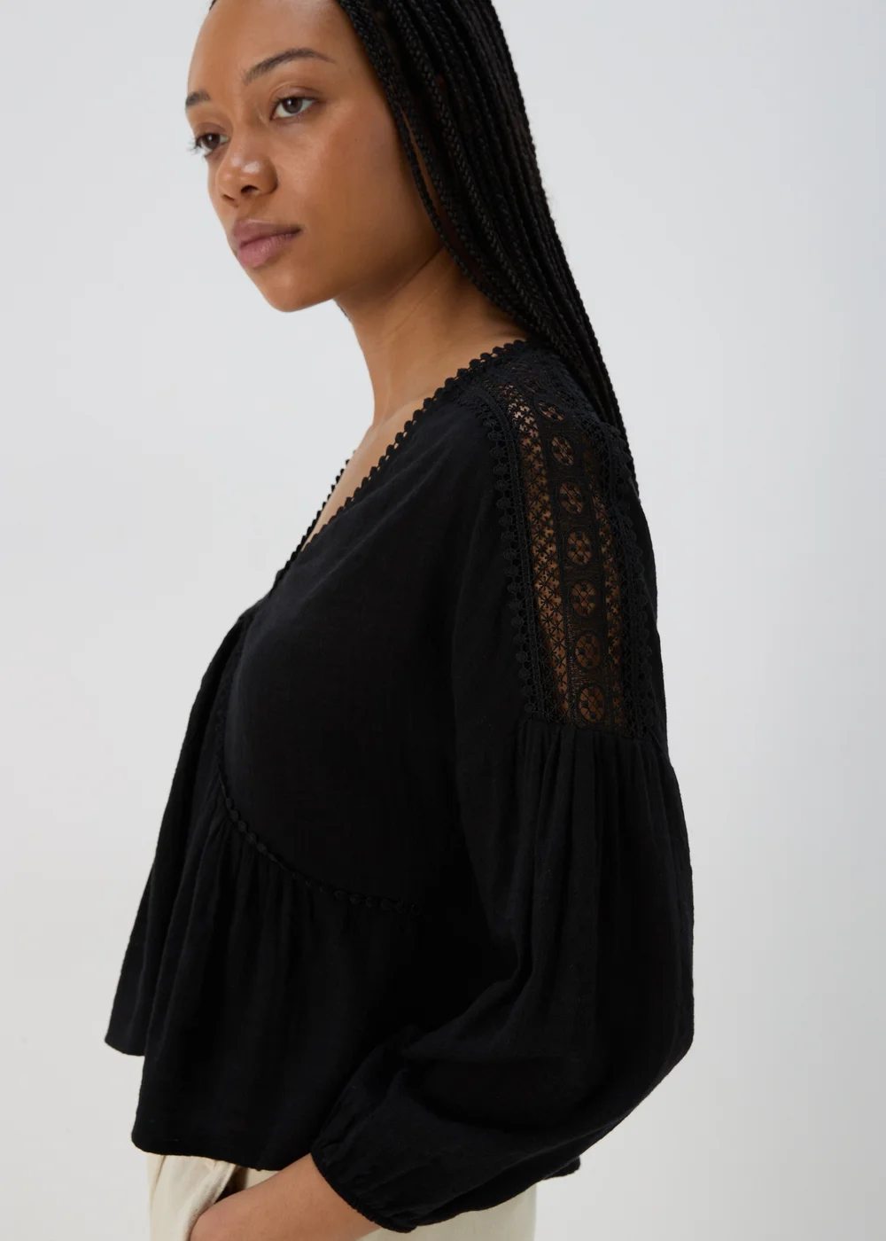 Black V Neck Lace Trim Blouse Top - 8 Image 3