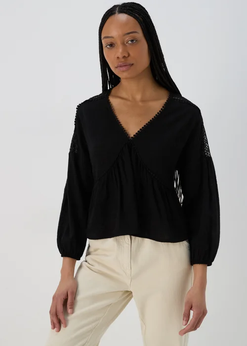 Black V Neck Lace Trim Blouse Top - 8 Image 1
