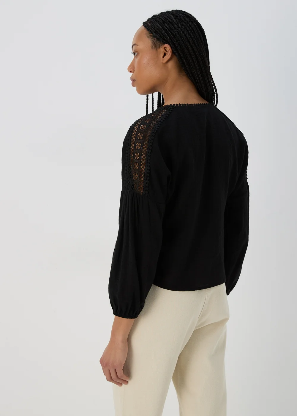 Black V Neck Lace Trim Blouse Top - 8 Image 2