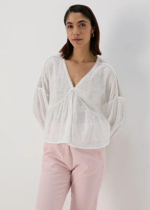 White V Neck Lace Trim Blouse Top - Size 8 Image 1