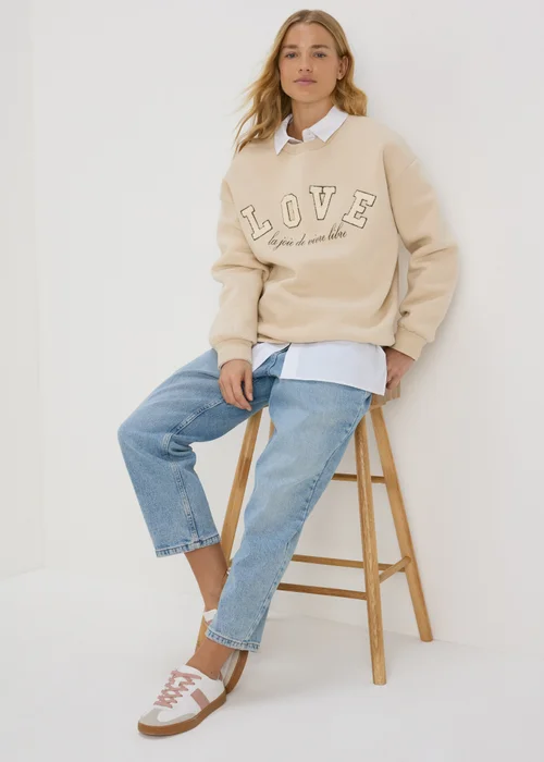Beige Love Slogan Sweatshirt - S Image 1