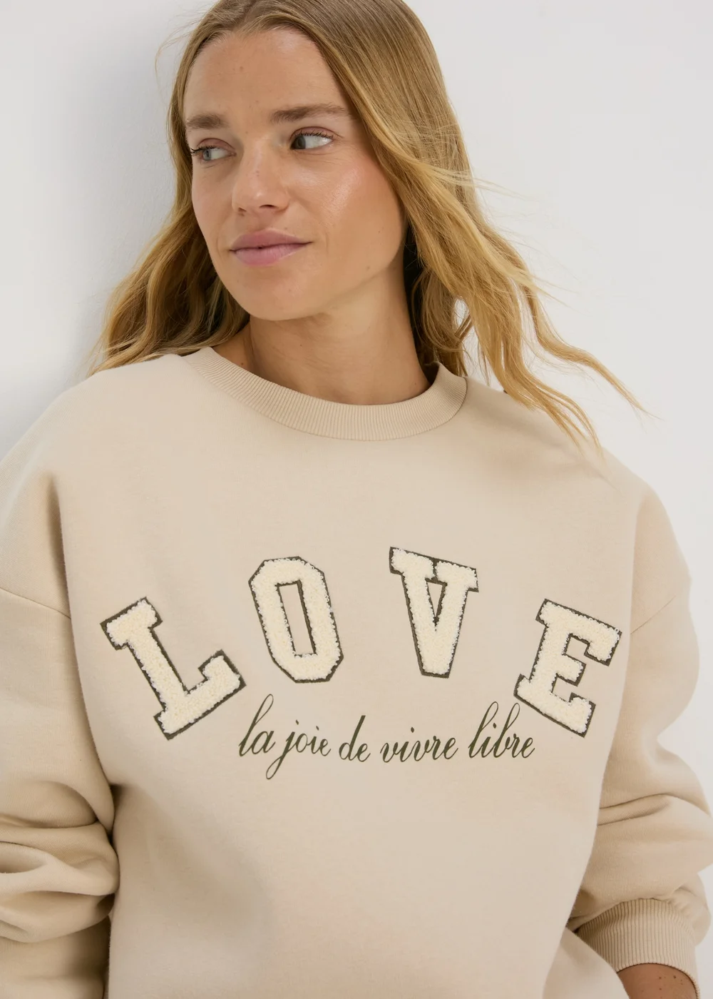 Beige Love Slogan Sweatshirt - S Image 3