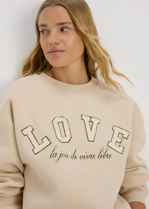 Beige Love Slogan Sweatshirt - S Image 3