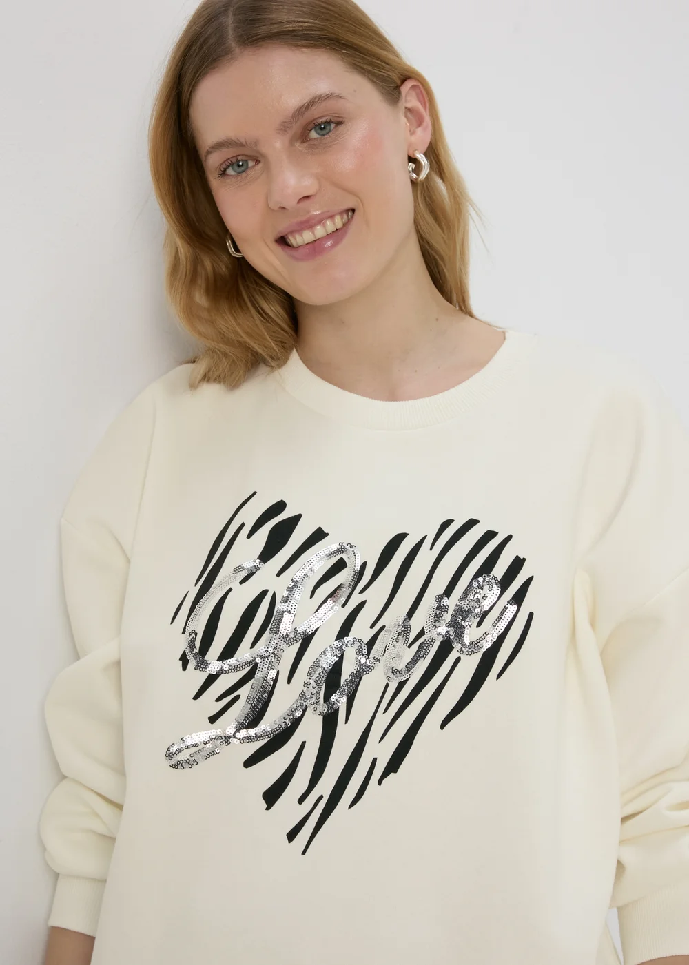 Cream Sequin Graphic Sweatshirt - Small Image 3