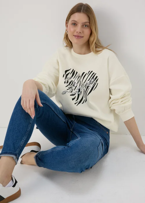 Cream Sequin Graphic Sweatshirt - Small Image 1