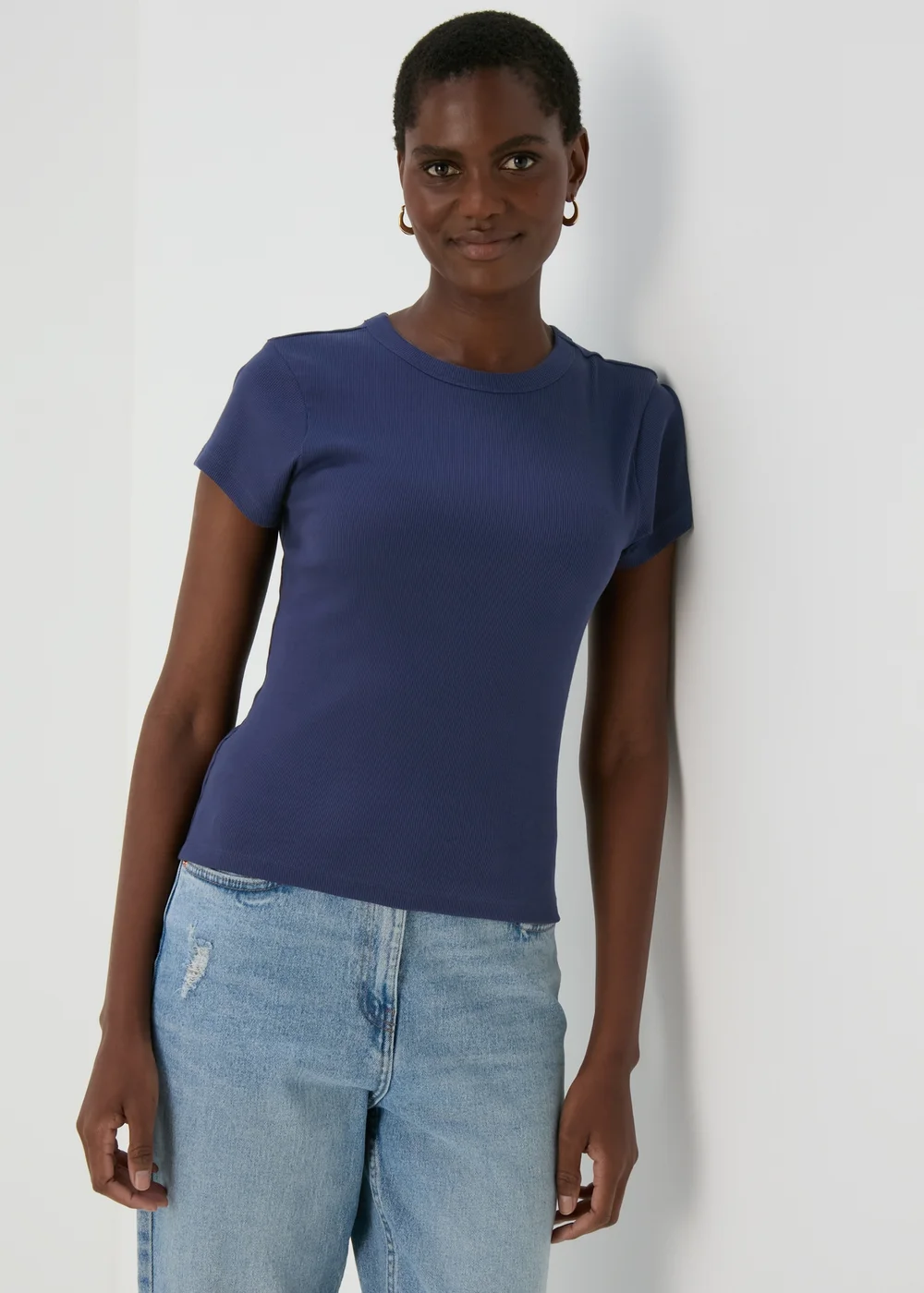 Blue Plain Ribbed T-Shirt - 8 Image 1