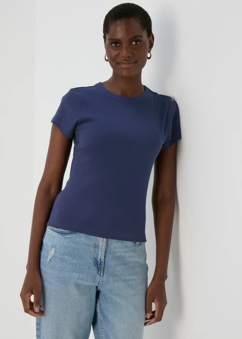 Blue Plain Ribbed T-Shirt - 8 Image 1