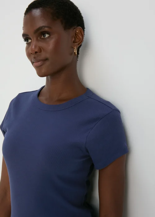 Blue Plain Ribbed T-Shirt - 8 Image 3