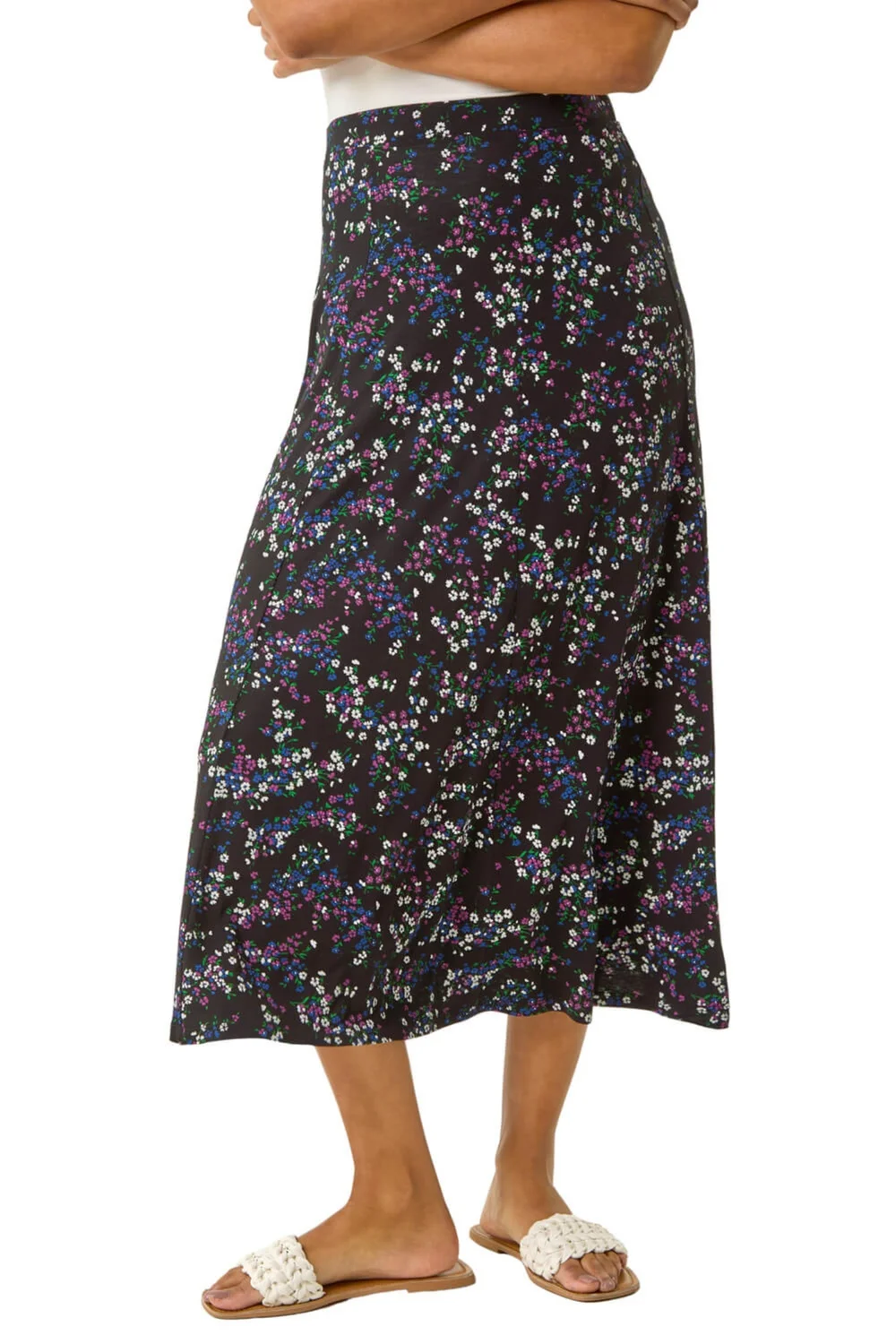Roman Black Ditsy Floral Stretch Elastic Waist Midi Skirt - Size 6 Image 1