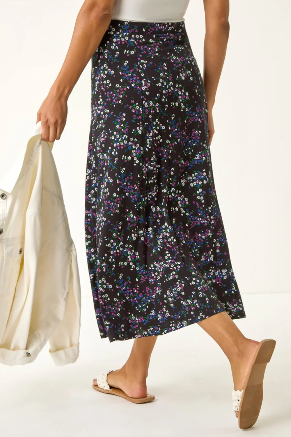 Roman Black Ditsy Floral Stretch Elastic Waist Midi Skirt - Size 6 Image 4