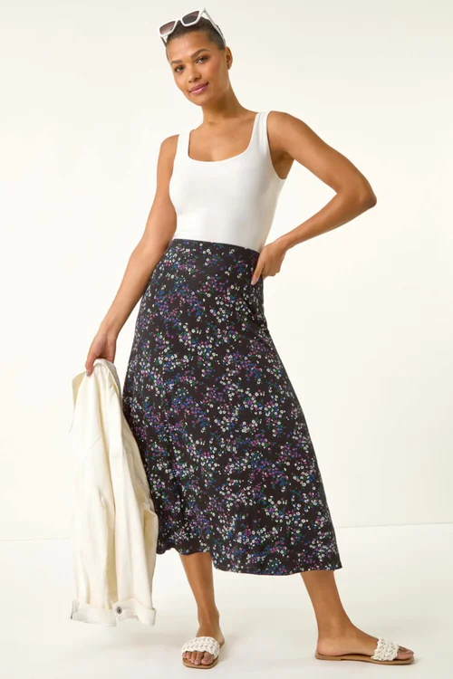 Roman Black Ditsy Floral Stretch Elastic Waist Midi Skirt - Size 6 Image 3