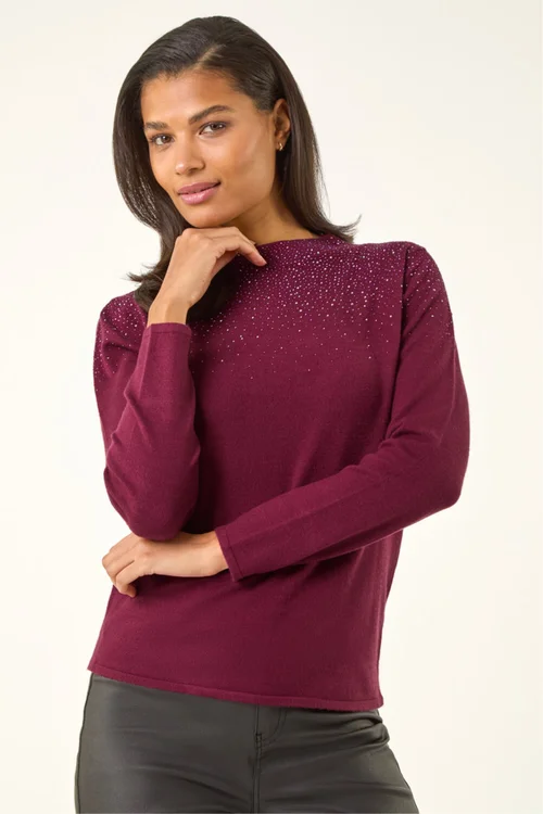 Roman Bordeaux Sparkly High Neck Knit Jumper - 10 Image 1