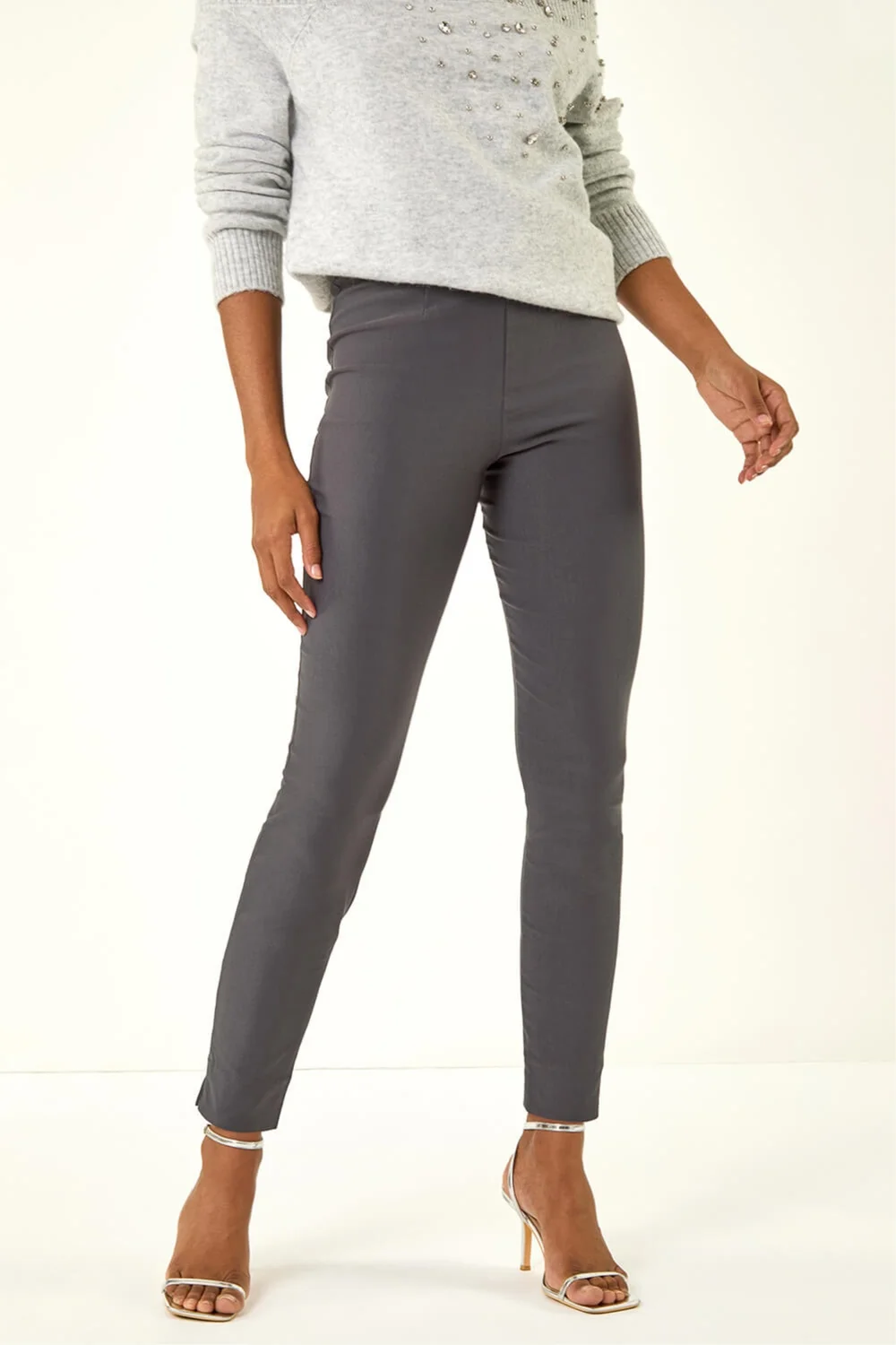 Roman Dark Grey Full Length Elastic Waist Stretch Trousers - 18 Image 4