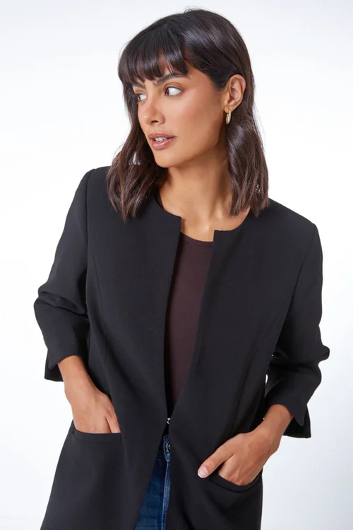 Roman Black 3/4 Sleeve Textured Longline Smart Jacket - 8 Image 4