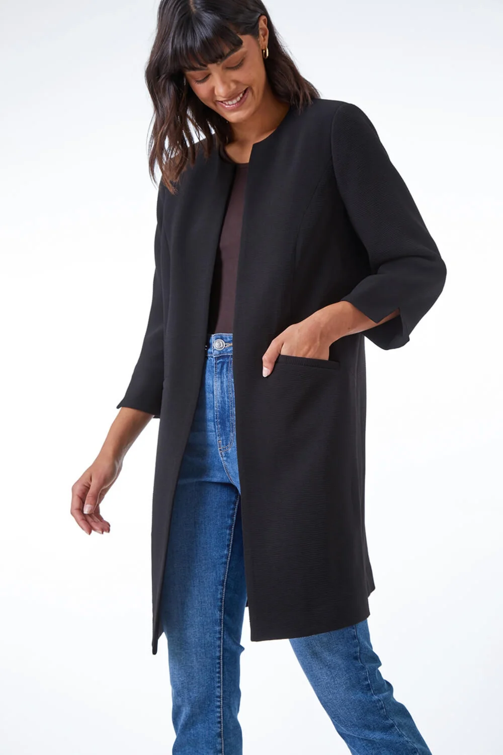 Roman Black 3/4 Sleeve Textured Longline Smart Jacket - 8 Image 1