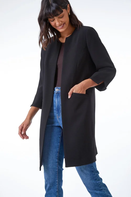 Roman Black 3/4 Sleeve Textured Longline Smart Jacket - 8 Image 1