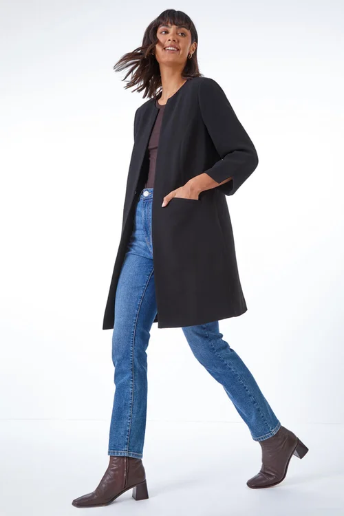 Roman Black 3/4 Sleeve Textured Longline Smart Jacket - 8 Image 2