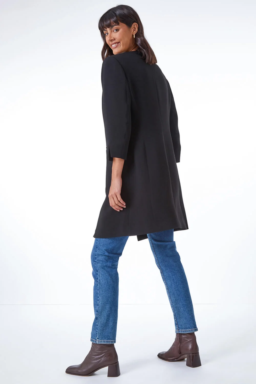 Roman Black 3/4 Sleeve Textured Longline Smart Jacket - 8 Image 3