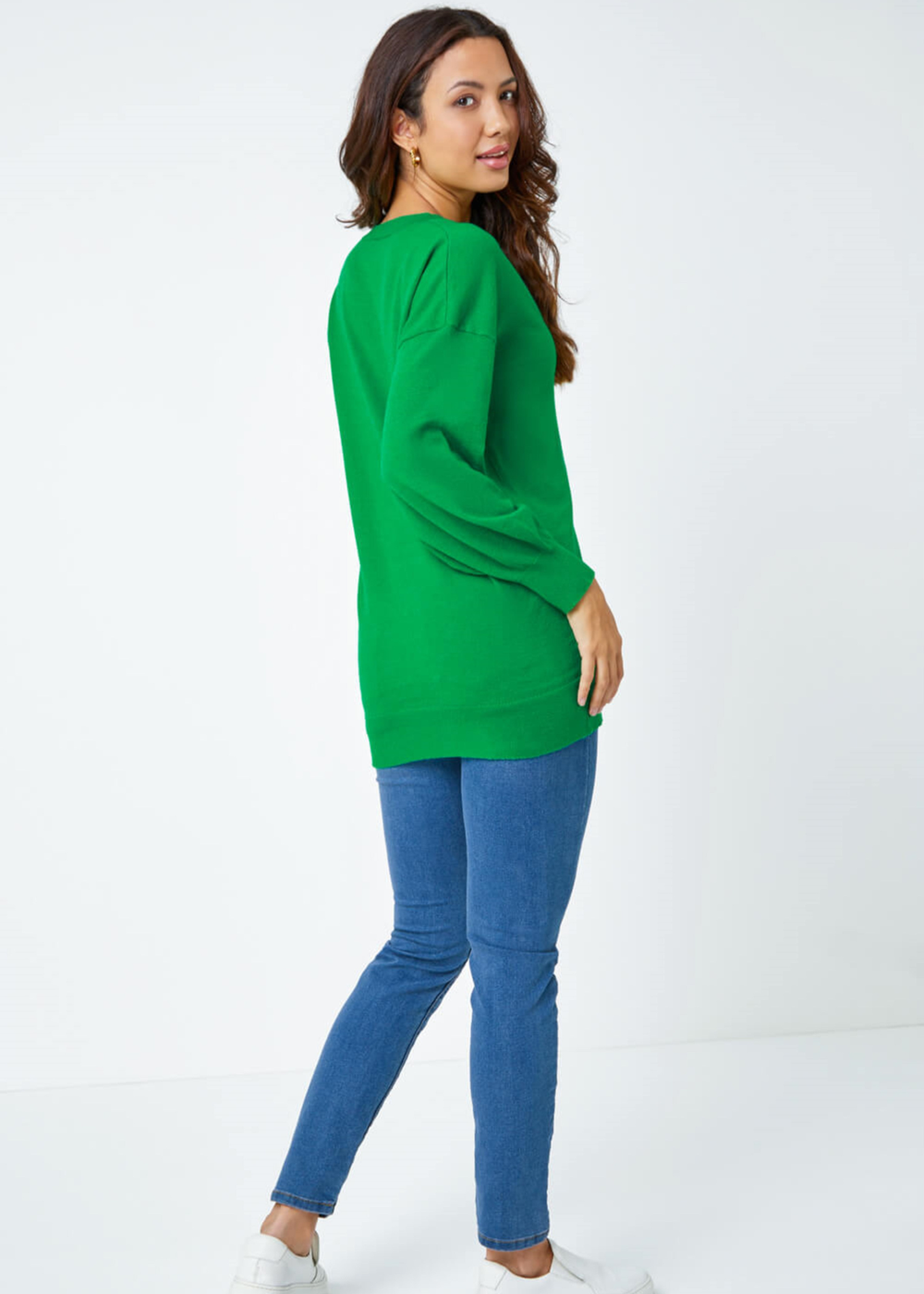 Roman Green Plain Stretch V-Neck Longline Jumper - 10 Image 2