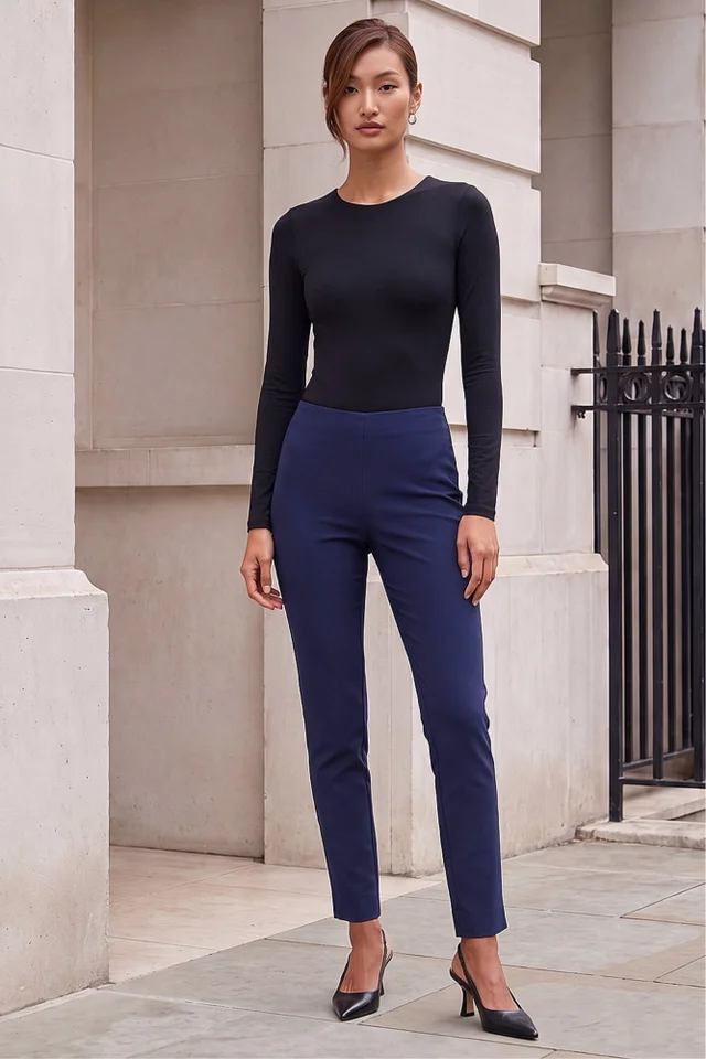 Roman Navy Full Length Elastic Waist Stretch Trousers