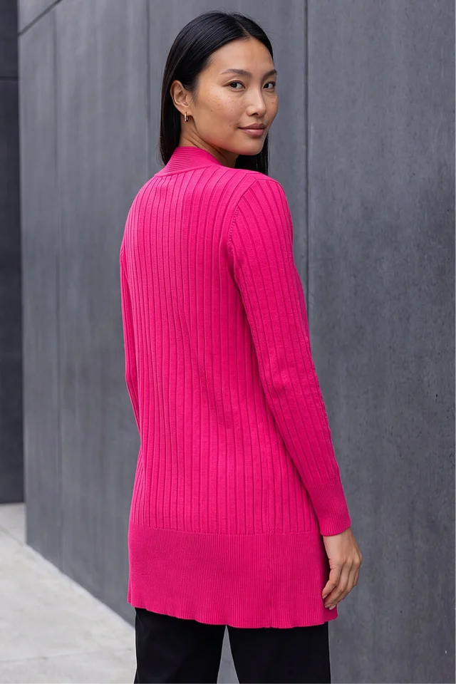 Roman Cerise Longline Stretch Ribbed Cardigan