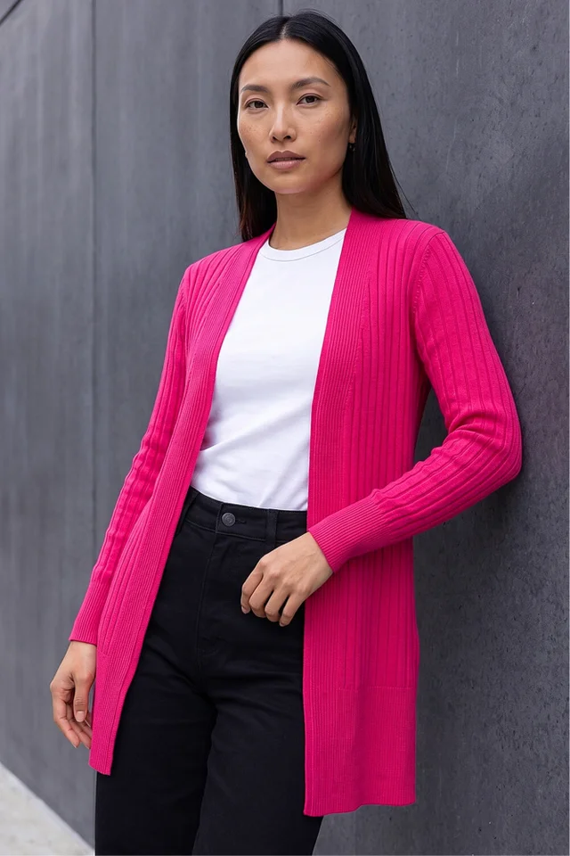 Roman Cerise Longline Stretch Ribbed Cardigan
