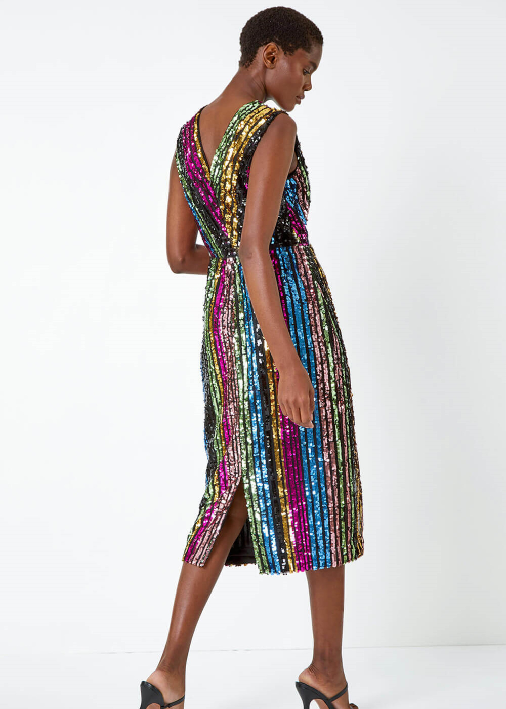 multi sequin midi dress Multi Sequin Stripe Belted Midi Dress