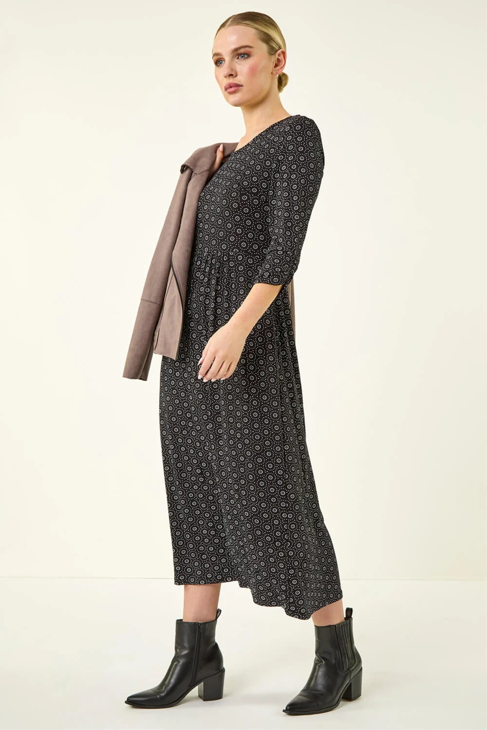 Roman Petite Black Spot Pocket Stretch Ruched Midi Dress - 6 Image 1