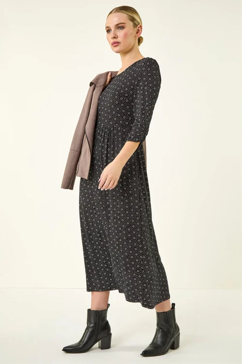 Roman Petite Black Spot Pocket Stretch Ruched Midi Dress - 6 Image 1