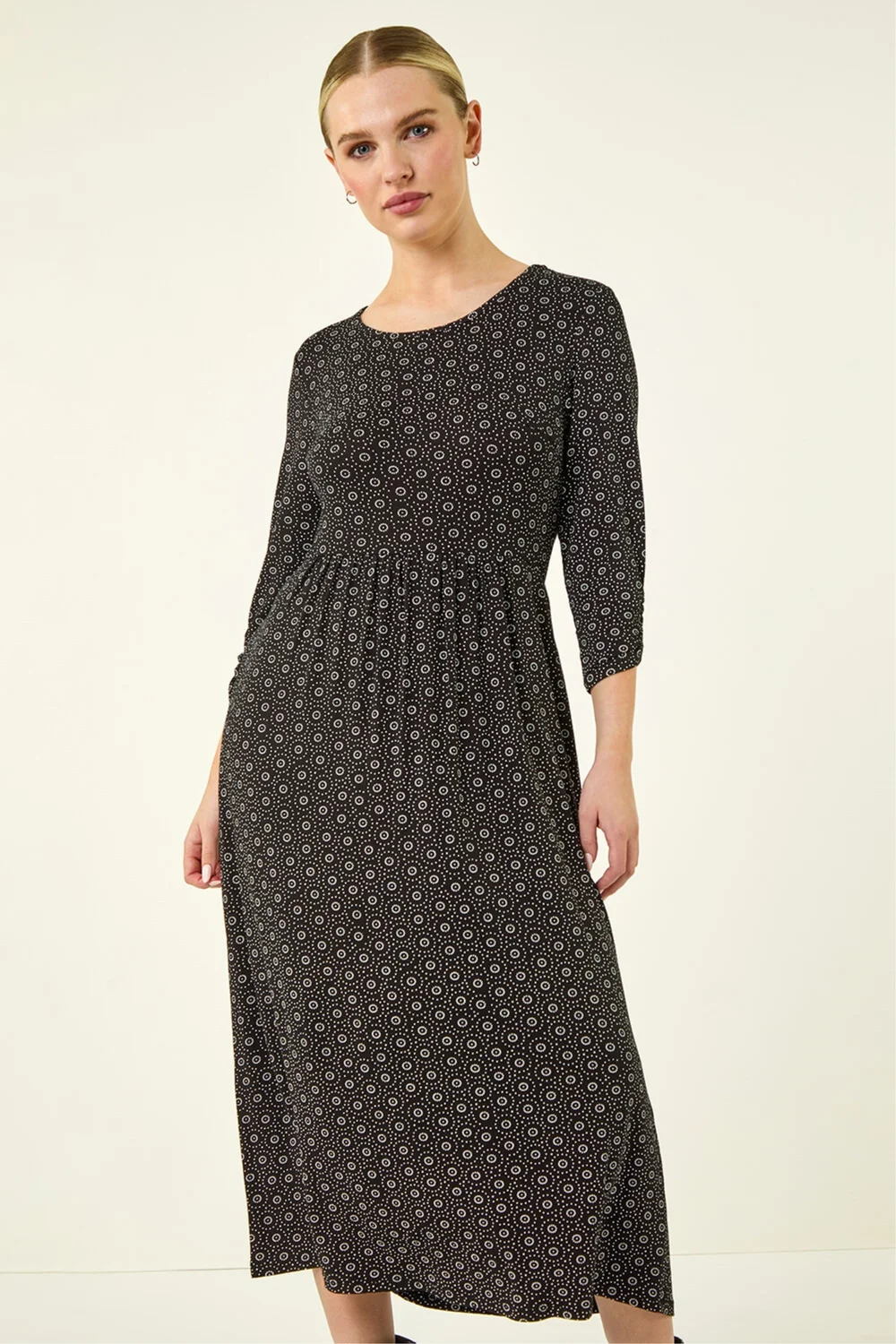 Roman Petite Black Spot Pocket Stretch Ruched Midi Dress - 6 Image 2