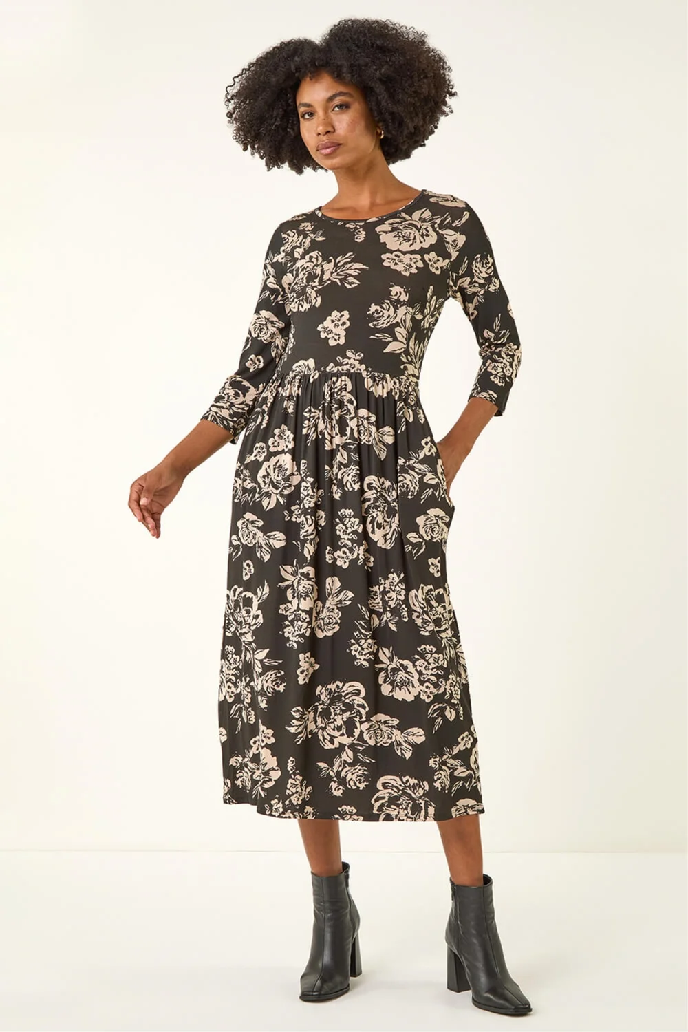 Roman Black Floral Pocket Stretch Midi Dress - 6 Image 2