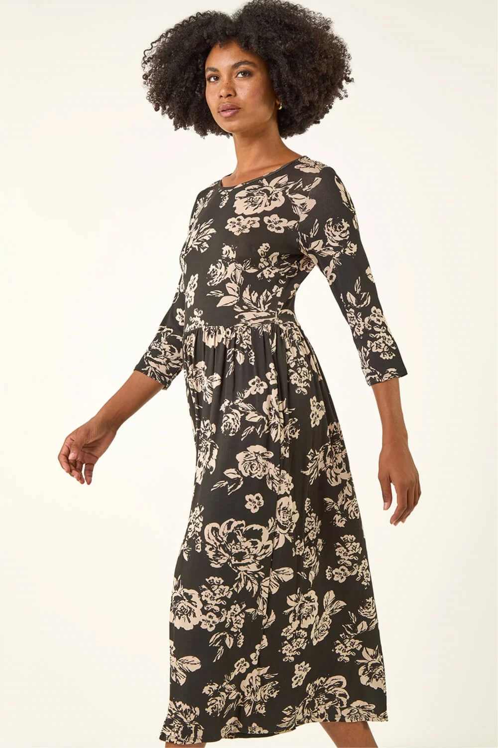 Roman Black Floral Pocket Stretch Midi Dress - 6 Image 4