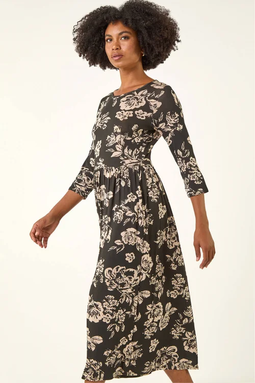 Roman Black Floral Pocket Stretch Midi Dress - 6 Image 4